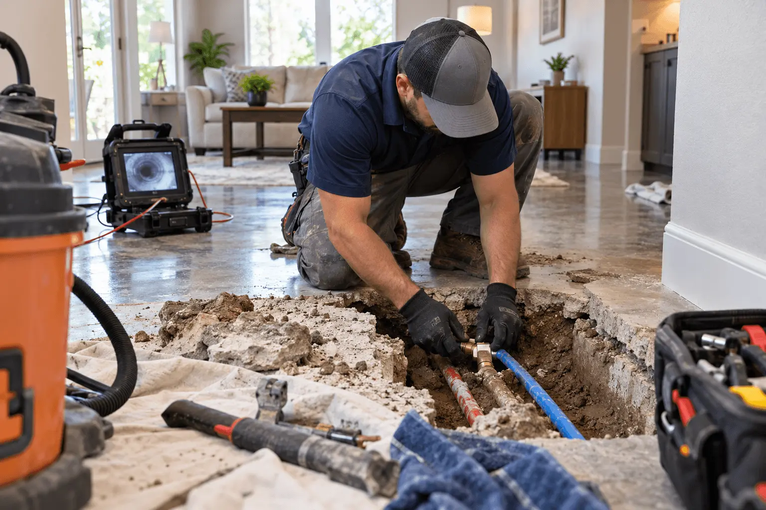 Plumber repairing a slab leak beneath a concrete floor.